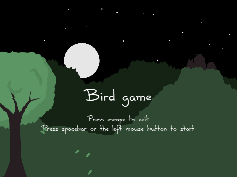 The title screen of 'Cave Bird'. It reads: Cave Bird - Press escape to exit - Press spacebar or the left mouse button to start